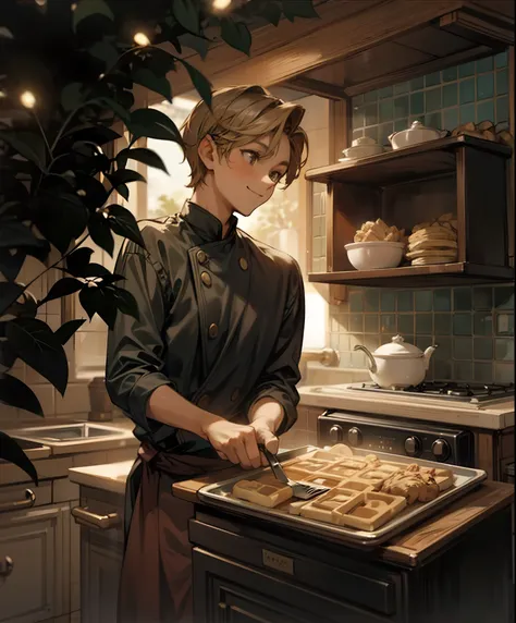 Beautiful 1girl and 1boy  with ((brown hair girl)) and ((blonde hair boy ))making waffle in a oven, happy , in the bright cottage kitchen room, hanging lights,ivy、