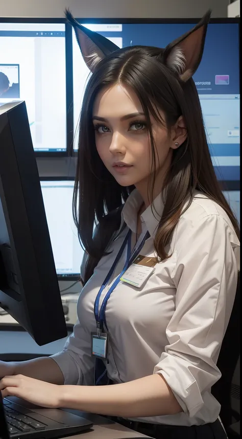 beautiful female office staff, working in the office, caracal ears, computer background, matrix run on the screen, cute