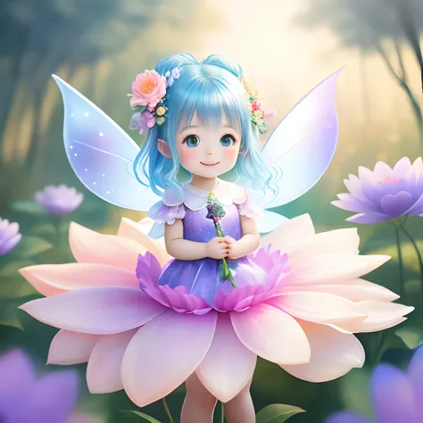 Cute flower fairy baby，Take the magic wand，The beautiful fairy with a sense of transparency has a bright smile，Lets be happy，Beautiful garden background，Bright rainbow-colored landscape