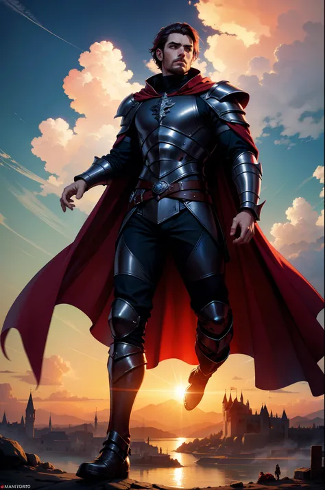 Dois personagens guerreiros, entardecer, 8k, magnifica, poderoso, magia, Mantos, sangue, Cidade medieval, dramatic scene, Colors of Gothic armor, sky with many clouds, Magnificent, tunic, Long, flowing red cape