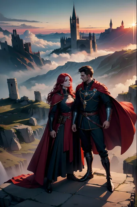 Dois personagens guerreiros, entardecer, 8k, magnifica, poderoso, magia, Mantos, sangue, Cidade medieval, dramatic scene, Colors of Gothic armor, sky with many clouds, Magnificent, tunic, Long, flowing red cape