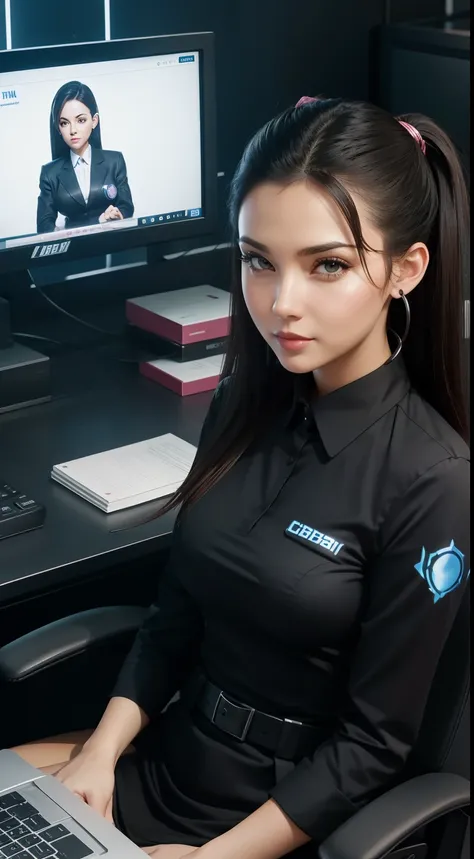 beautiful female office staff, working in the office, cobra ears, computer background, matrix run on the screen, cute