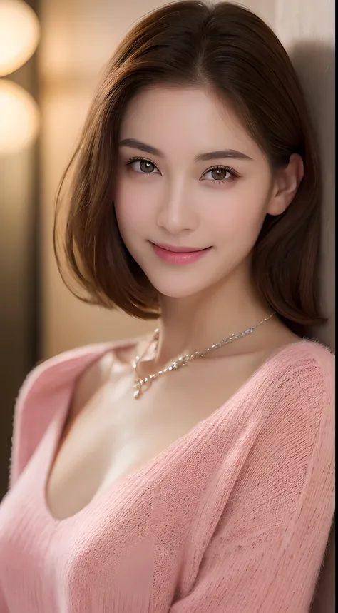 ((Night, Realistic Light, Best Quality, 8K, Masterpiece: 1.3)), 1girl, Slim Beauty: 1.4, Abs: 1.1, (Brown hair, Medium breasts: 1.3), Long pink sweater: 1.1, Bathroom, Super fine face, Delicate eyes, Double eyelids, smile, necklace