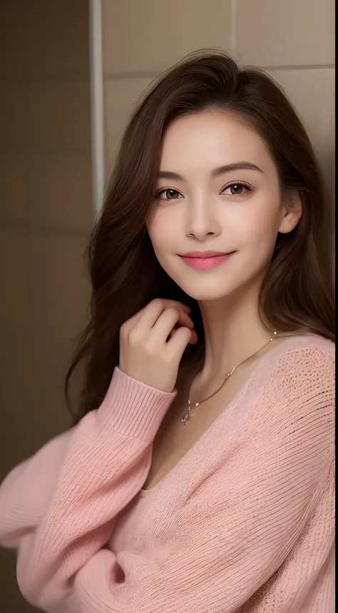 ((Night, Realistic Light, Best Quality, 8K, Masterpiece: 1.3)), 1girl, Slim Beauty: 1.4, Abs: 1.1, (Brown hair, Medium breasts: 1.3), Long pink sweater: 1.1, Bathroom, Super fine face, Delicate eyes, Double eyelids, smile, necklace