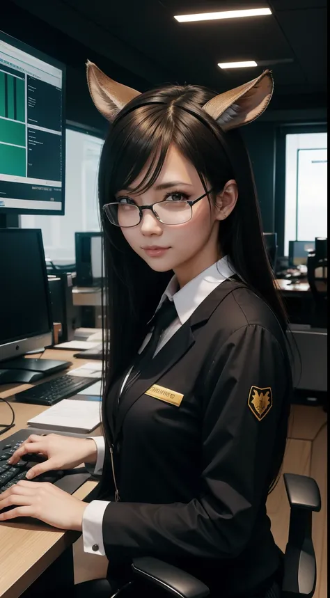 beautiful female office staff, working in the office, goat ears, computer background, matrix run on the screen, cute