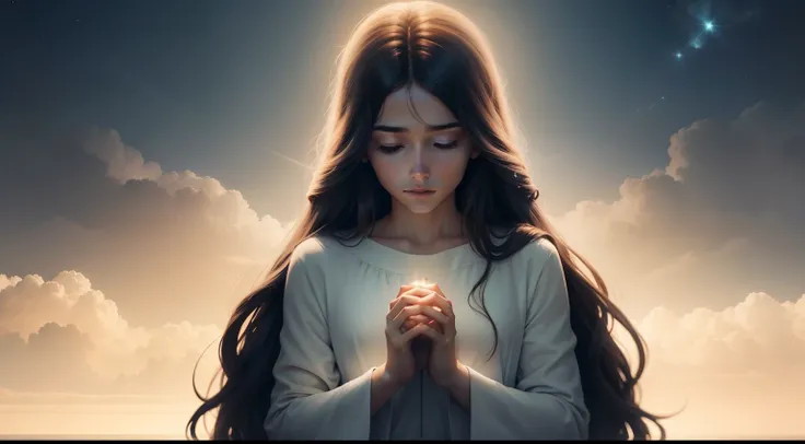 Generate an image that represents Jesus Christ in a time of deep introspection and prayer. he is all alone, with eyes closed and hands clasped together in prayer, imerso em uma atmosfera serena e espiritual.