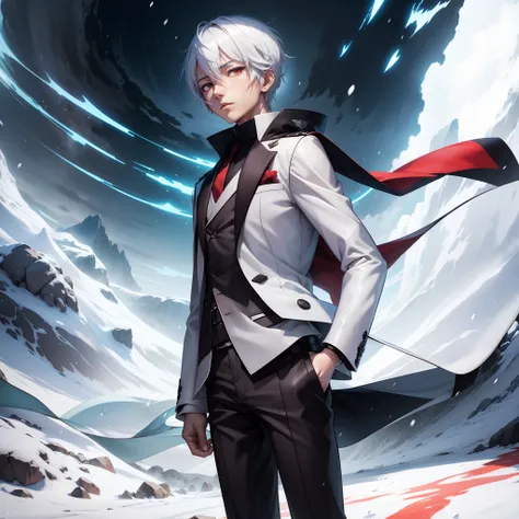 Anime character in a black suit standing in the snow with a red tie, cabelos preto, olhos vermelhos, Arte Oficial, shigenori soejima illustration, arte oficial do anime, arte oficial, arte oficial do personagem, de meninas da linha de frente, arte chave do...