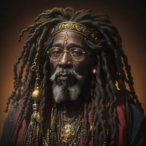 Rastafari Oldman with gold Rastafari accessories in dreadlocks, fotografia, soft-lighting, detalhes suaves, octana, Artstation Trend, ultra alto detalhe, Ultra realista, cinemactic, 16k, Imagem com pelo menos 300dpi, fundo preto, lighting to highlight the ...