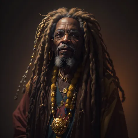 Rastafari Oldman with gold Rastafari accessories in dreadlocks, fotografia, soft-lighting, detalhes suaves, octana, Artstation Trend, ultra alto detalhe, Ultra realista, cinemactic, 16k, Imagem com pelo menos 300dpi, fundo preto, lighting to highlight the ...