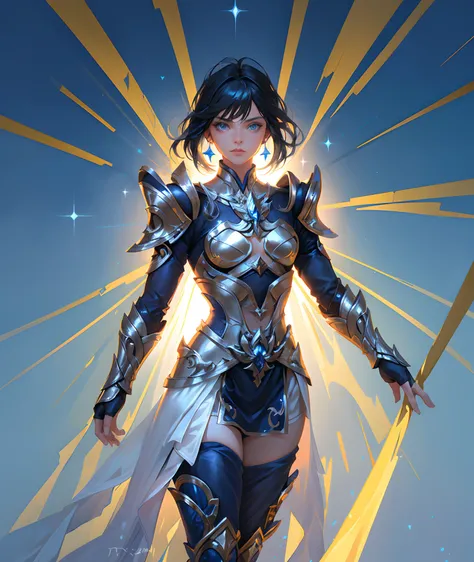 Ultra-high saturation，（tmasterpiece）， fully body photo，（best qualtiy）， （1girll）， starryskybackground，Wearing shiny gold armor， Sexy lingerie type armor，Expose your chest，Expose the waistline，Exposing thighs，cool-pose， Saint Seiya Armor， messy  hair，high de...