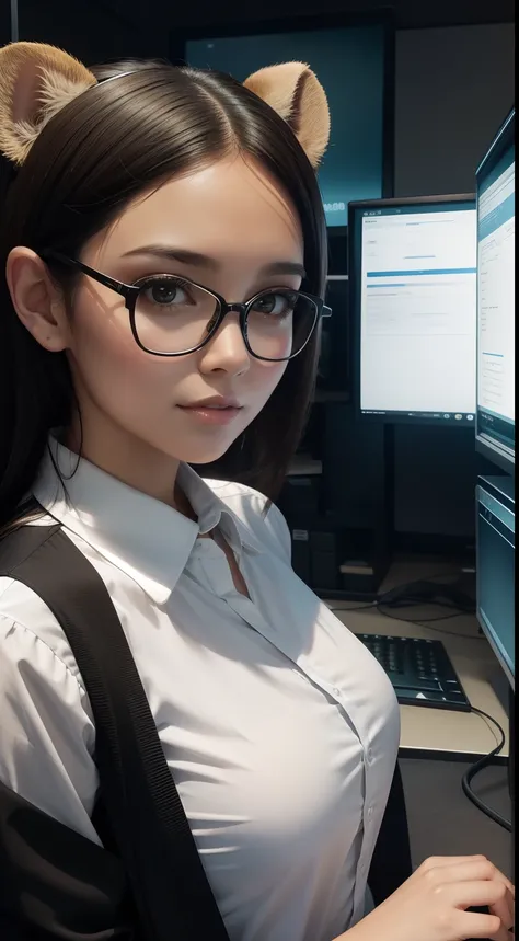 beautiful female office staff, working in the office, monkey ears, computer background, matrix run on the screen, cute