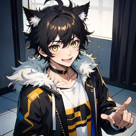 ultra detailed, best quality, finely detail, anime boy, neko, 1 boy, male, black hair, short hair, messy spiky hair, volumous me...