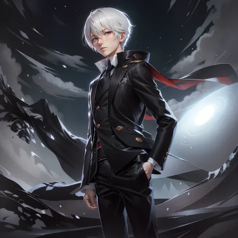 Anime character in a black suit standing in the snow with a red tie, cabelos preto, olhos vermelhos, Arte Oficial, shigenori soejima illustration, arte oficial do anime, arte oficial, arte oficial do personagem, de meninas da linha de frente, arte chave do...