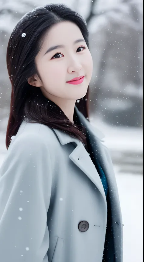 realistic photos of (1 cute Korean star) Shoulder-length hair, thin makeup, medium breasts size, wearing coat, in the snow, clear facial features, 8K high resolution, sharp and realistic details.from outside, Eye-Level Shot, f/4.0, 135mm, Fujifilm, jpeg ar...