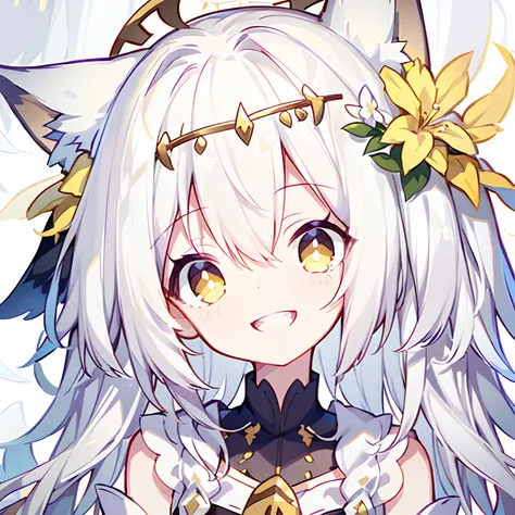 Masterpiece, 1girll,White hair, Yellow eyes, Petite,ssmile,grin,,ahoge, Anime style, Simple background, white backgrounid,white  shirt，Garland on the head，Garland of flowers，fox ear，Innocent and adorable