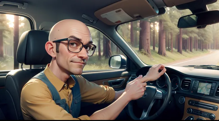 one character, bald man, no hair , wearing glasses, no beard, brown clothes , Driving car kombi,looking forward while driving, driving in forest pixar disney cartoon style