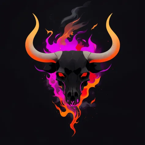 A closeup of a bull skull with flames on a black background, logotipo estilizado do minotauro cyberpunk, bull head, taurus zodiac sign symbol, fiery skull contemplating life, fundo do inferno, Jen Bartel, fundo do inferno, chifres e olhos vermelhos, foto d...