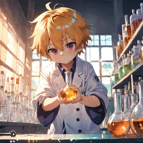 in chemistry lab，A little boy holds a flask，Attentively，and the sun was shining brightly，super detailing，Anime line drawing