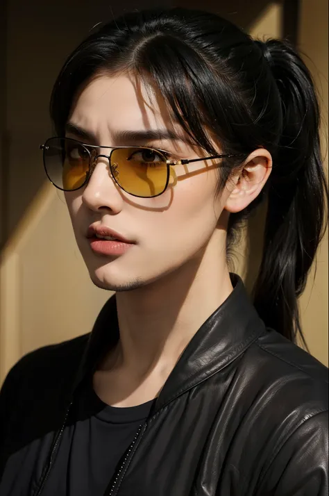 1 Man Gothic style black hair style ponytail thick eyebrow and goatee wears sunglasses yellow demon eyes