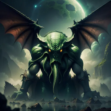 (Highest picture quality), (highly detailed) (photo-realistic:1.1), Cthulhu ,cosmic horror, horror,macabre, green, space, evil, horrific, menacing, green bat wings,  strange planet,