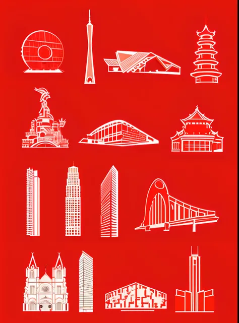 A group of different types of buildings and buildings with red ink, detailed building, soaring towers and bridges, high quality architectural art, inspired by Zha Shibiao, many buildings, Architectural illustration, Chinese architecture, highly detailed bu...