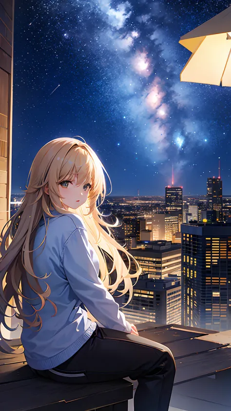 octans, sky, star (sky), scenery, starry sky, night, 1girl, night sky, solo, outdoors, building, cloud, milky way, sitting, tree, long hair, city, silhouette, cityscape