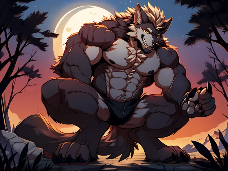 muscular werewolf，Hairy all over，clawed paws，erect through