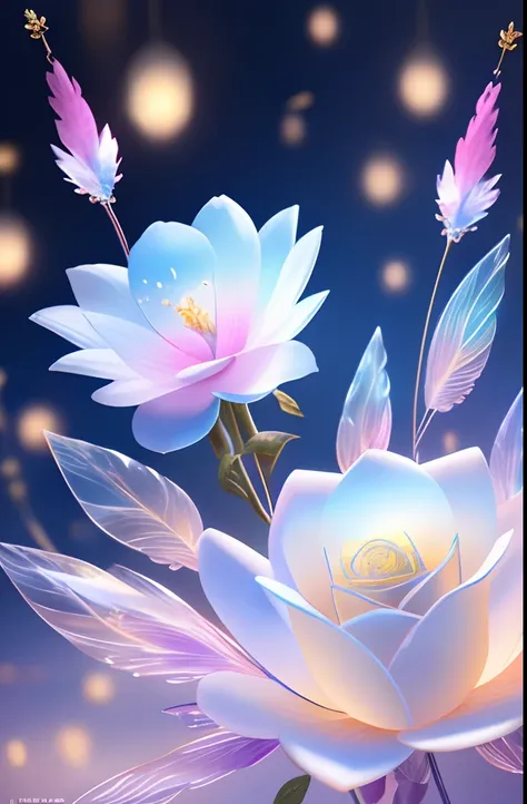 1 moon，Beautiful transparent flower fairy girl, Transparent colorful wings, The wand flutters in the wind､The wand flashed with starlight，Golden wand，Beautiful blue sky and white clouds、transparent feathers､kindly smile､Beautiful garden background､Gentle a...