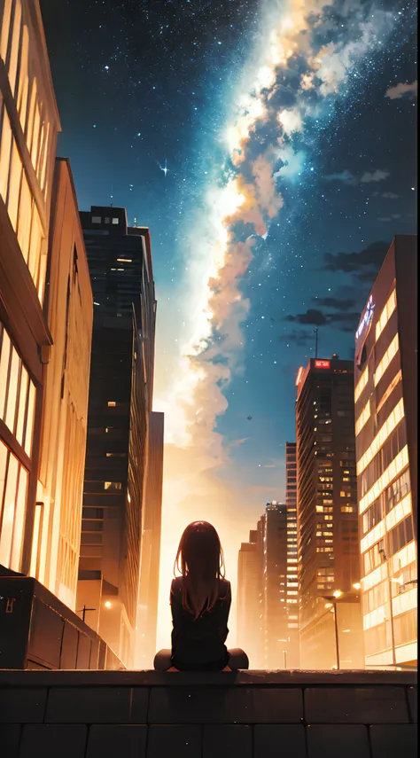 octans, sky, star (sky), scenery, starry sky, night, 1girl, night sky, solo, outdoors, building, cloud, milky way, sitting, tree, long hair, city, silhouette, cityscape,8k resolution