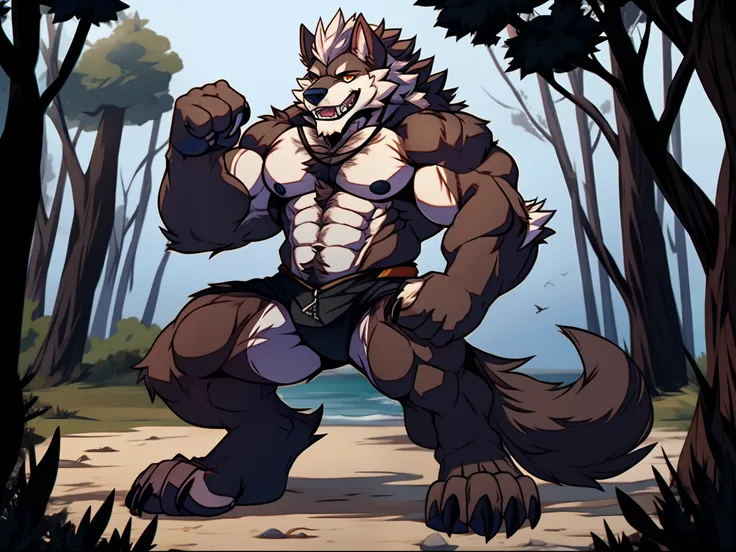 muscular werewolf,Hairy all over,clawed paws,erect through