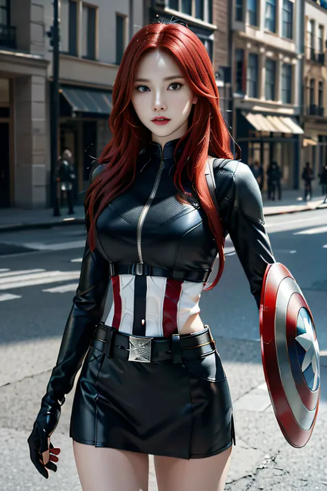 1girl, tmasterpiece, Best quality at best, 8k, detailed skin textures, Detailed cloth texture, Beautiful detailed face, intricately details, ultra - detailed, Black Widow in Captain America style,Holding a U.S. team shield in his hand， Straight red hair, d...