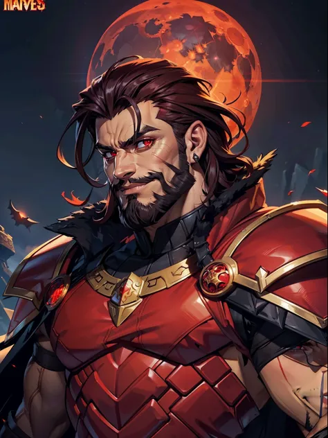 dark night blood moon background, hades style, game portrait. sadurang from marvel, hunk, buffed physics, short mane hair, mulle...