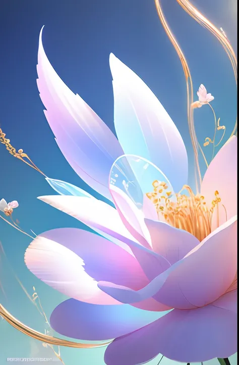 1 moon，Beautiful transparent flower fairy, Transparent colorful wings, The wand flutters in the wind､The wand flashed with starlight，Golden wand，surrounded by colorful flowers，Beautiful blue sky and white clouds、transparent feathers､kindly smile､Summer bac...