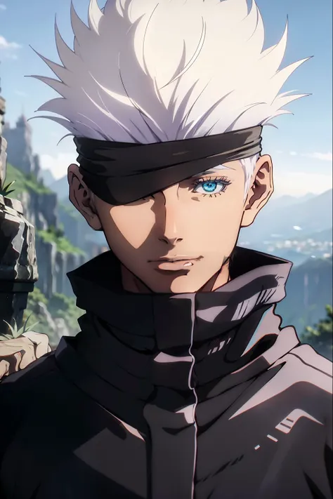 ((Best quality)), ((masterpiece)), ((realistic)), boy, white hair, light blue eyes, dark blindfold,