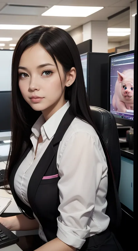 beautiful female office staff, working in the office, pig ears, computer background, matrix run on the screen, cute