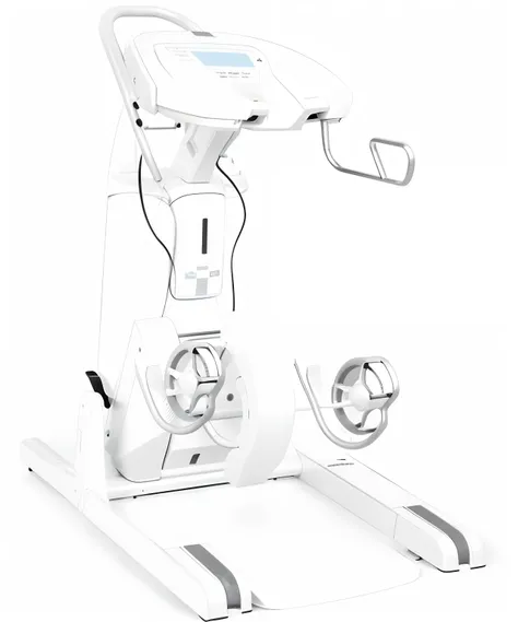 Lower limb rehabilitation equipment without wheels，There is a display above，Textured handles，Photorealistic rendering