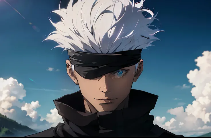 ((Best quality)), ((masterpiece)), ((realistic)), boy, white hair, light blue eyes, black outfit, dark blindfold,