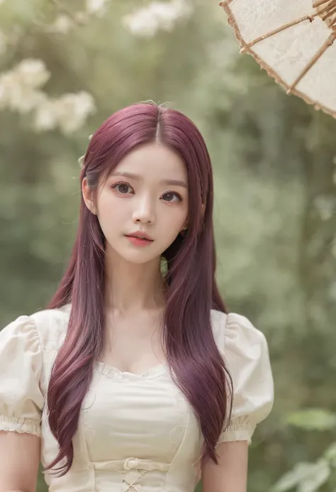 The sweet heroine in the idol drama is gentle and lovely, with long purple hair, personality lips, white tight-fitting short sleeves and light yellow skirt.