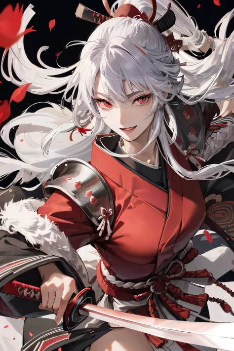 Official art, masutepiece, Sharp Focus, (Beautiful gorgeous cute Japan woman:1.3), Delicate Beautiful Hair and Eyes and Face, Realistic, Ultra-detailed, Beautiful Girl, Night, An ancient Japan town, bonfire, Red petals, Nice big big hips, Smile with teeth,...