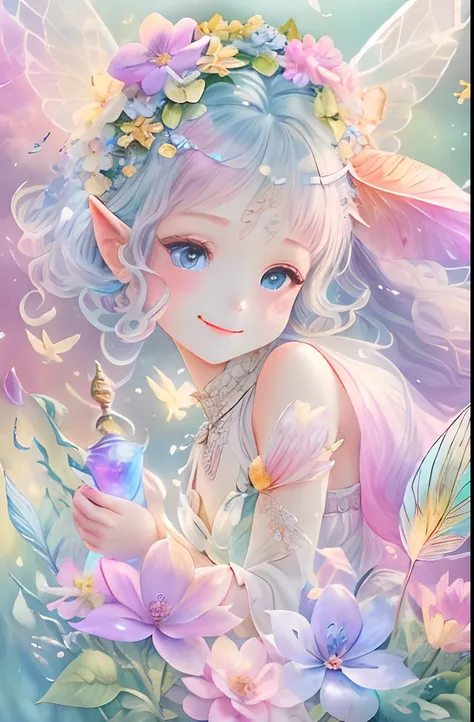 Cute flower fairy baby，Colorful wings, Hold the scepter，Beautiful sparkling ocean、transparent feathers､kindly smile､Summer background､Gentle and transparent fairy､WaterColor Paint，Beautiful garden background，Bright rainbow-colored landscape，plethora of col...