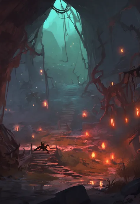 underground spider webways, underdark, painted as a game concept art, environment concept art, environment and concept art, painterly concept art, stylized concept art, digital painting concept art, concept art for a video game, environmental concept art, ...