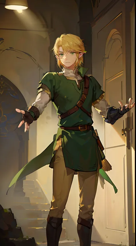 young guy, short blonde hair, green eyes, scar on his face, light knightly armor, open hands, masterpiece, high quality, link,