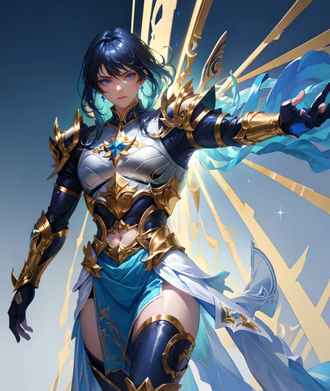 Ultra-high saturation，（tmasterpiece）， fully body photo，（best qualtiy）， （1girll）， starryskybackground，Wearing shiny gold armor， Sexy lingerie type armor，Expose your chest，Expose the waistline，Exposing thighs，cool-pose， Saint Seiya Armor， messy  hair，high de...