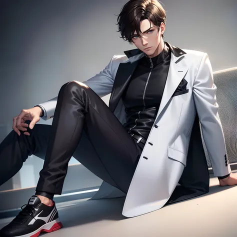 Young man with short brown hair, Italian, eBlue eyes, leisure wear, White shirt jacket black trench coat, Suit trousers, athletic sneakers，8K，in the style of realistic and hyper detailed renderings，Detailed eyes