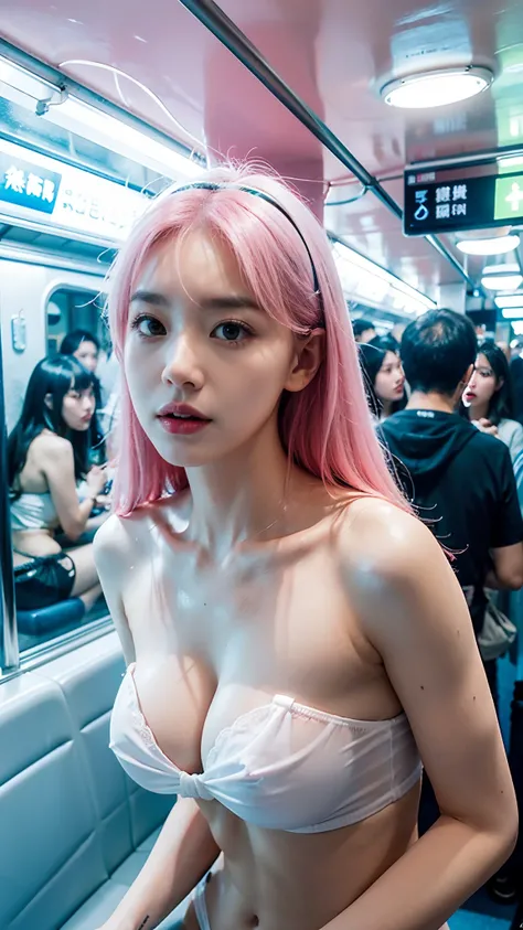 G-cup，Sexy appearance, Wear a white transparent bikini，Strapless design，Long pink hair，Bigger eyes，In crowded subway cars，Cold white skin，Smooth skin，The bridge of the nose is a little higher，There are lying silkworms，stare