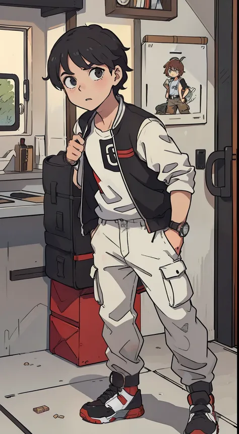 ((1garoto)) jovem, menino, masculino, cabelo marrom, cor marrom dos olhos, Short manga jacket with a red stripe in the middle horizontal and white manga shirt, gray cargo pants, portanto, o smartwatch, Black and white baseball cap with two red stripes, gra...