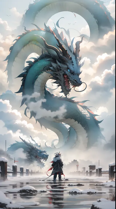 chinesedragon, dragon, letterboxed, holding, outdoors, bird, standing, cloud, 1boy, weapon, from behind, sky, cloudy sky, animal...