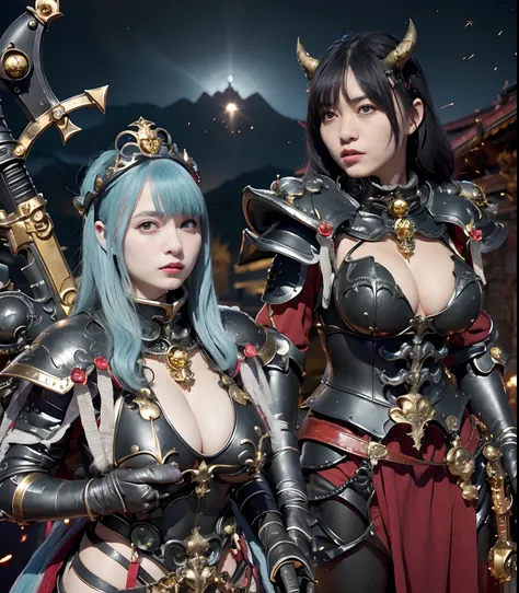 (masutepiece), Professional , ​masterpiece、top-quality、photos realistic , depth of fields （Gemstone Black Metal Body:1.９),(Matte Black、（cleavage of the breast）、Dragon Gold Weapon（Dragon Metal Body:1.４),Gorgeous Silver Weapons ,（（ Dragons dense and gorgeous...