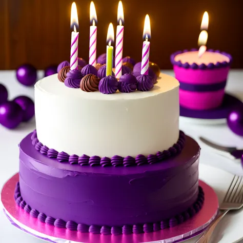 birthday cake morado, en una mesa alrededor globos morados, and say happy birthda