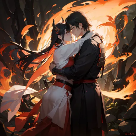 couple, human man,man long hair, man tail, warrior, samurai man, samurai suit, samurai armor,demon girl, black long hair, hug, f...